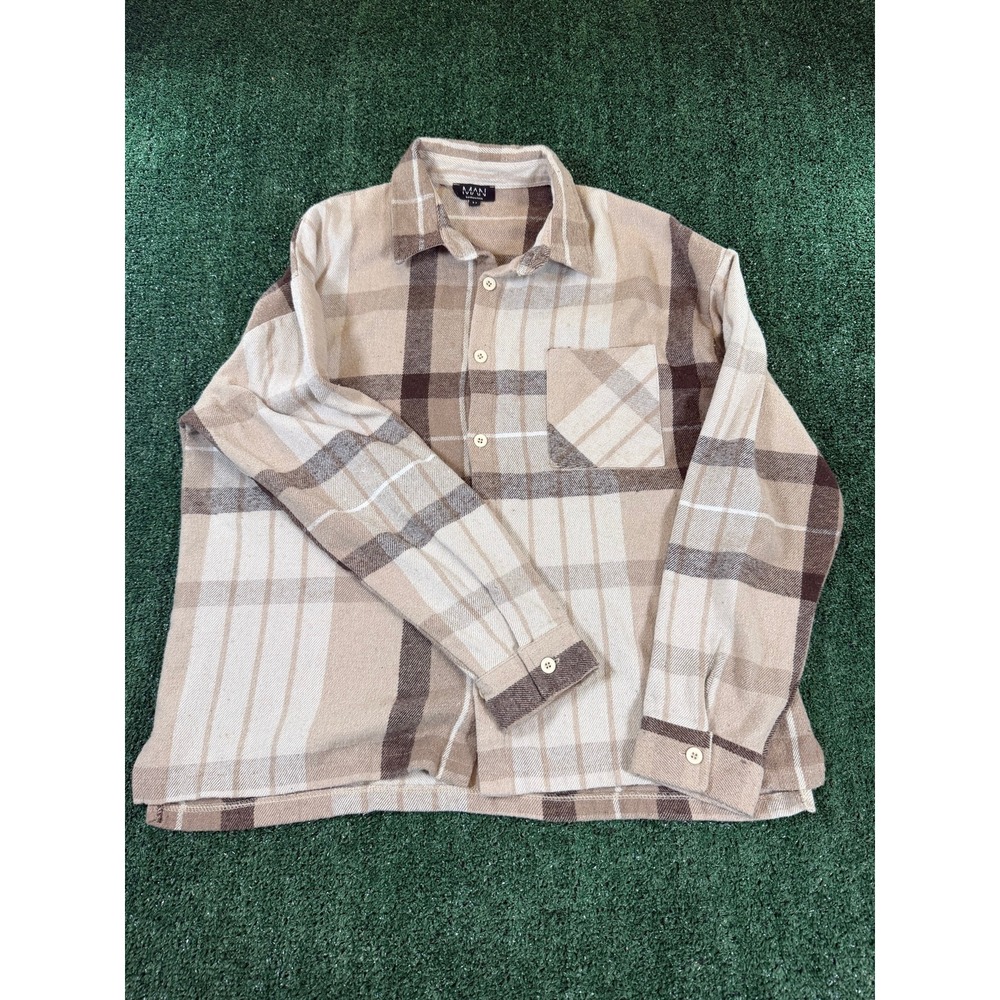 boohooMAN Men's Tan Brown Plaid Flannel Button-Up Shirt Size M